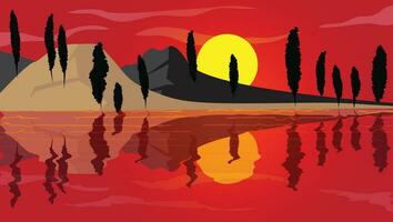 Beautiful nature landscape vector illustration with water reflection and sunset or sunrise in back.