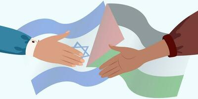 Israel and Palestine handshake, waving Palestine and Israel flags on background. peace concept vector illustration. Stop war, unity concept.