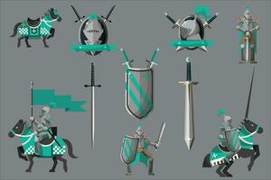 Set of medieval vector illustration icons in green color. Includes medieval icons, knights, horses, shields, swords, games and more.