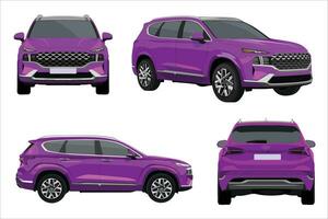 Realistic Vector purple SUV car isolated, 3d perspective with transparency gradient and front, back, side views.