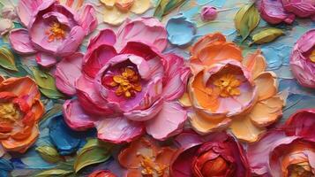 Generative AI, Oil painting of flowers on canvas. Beautiful abstract colorful flowers. Macro impasto painting. photo