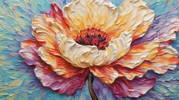 Generative AI, Oil painting of flowers on canvas. Beautiful abstract colorful flowers. Macro impasto painting. photo