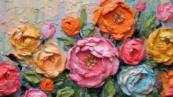 Generative AI, Oil painting of flowers on canvas. Beautiful abstract colorful flowers. Macro impasto painting. photo