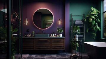 baño, Violeta y oscuro verde colores. interior diseño. ai generado foto