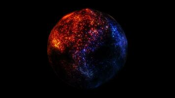 Abstract glowing sphere of blue and orange particles, energy ball shining brightly, magic plasma ball, waves from particles and dots, abstract background, seamless loop video