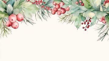 Christmas border with fir branches and flowers on white background. Watercolor Christmas and New Year background. AI Generated photo