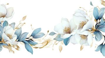 Watercolor frame from blue magnolia with gold leafs on white background. AI Generated photo