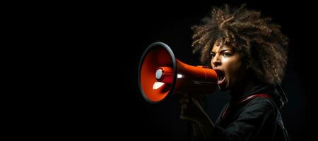 Generative AI, Studio shot of African woman using a megaphone against a black background, a powerful statement photo