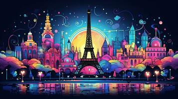 Postcard with night Paris, the Eiffel Tower, geometric neon style. AI Generated photo