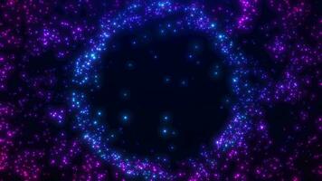 Abstract particle background. Round frame made of luminous particles, bright glitter particles. 3D, 4K, seamless loop video