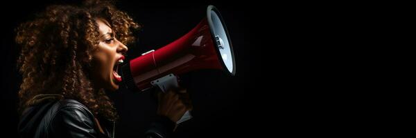 Generative AI, Studio shot of African woman using a megaphone against a black background, a powerful statement photo