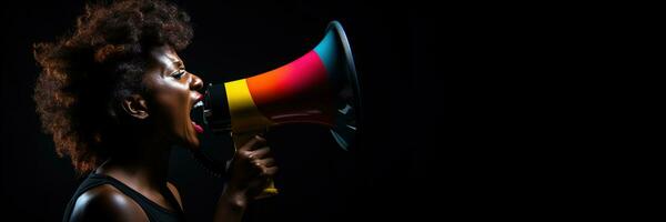 Generative AI, Studio shot of African woman using a megaphone against a black background, a powerful statement photo