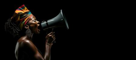 generativo ai, estudio Disparo de africano mujer utilizando un megáfono en contra un negro fondo, un poderoso declaración foto