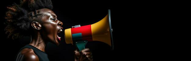 Generative AI, Studio shot of African woman using a megaphone against a black background, a powerful statement photo