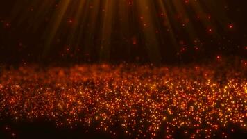 Abstract golden glowing particles rise up and are illuminated by bright rays of light, a background of bright orange particles and beautiful bokeh. seamless loop animation. video