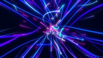 Bright neon light stripes made of particles. Particle explosion. Abstract flight of digital neon particles in hyperwarp space at high speed. Futuristic or technological cyber background. seamless loop video