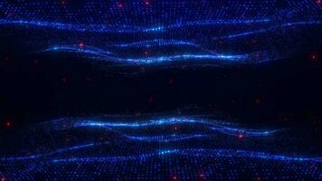 Digital blue dynamic wave and orange particle lights, data flow, cyber technology background, moving dots texture with glowing defocused particles. 3D, 4K, seamless loop video
