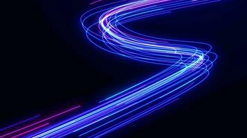 Light lines curves. Glowing beam light. Ultraviolet and blue futuristic particle flow. Bright neon glowing fast moving streams of light along a trajectory. Abstract background video