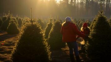 ai generativo parejas buscando y corte juntos el Derecha pino árbol para Navidad, temprano Mañana Brillo Solar foto