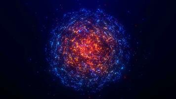 astratto raggiante particella sfera, atomo, energia palla splendente brillantemente con raggi di luce, Magia onde a partire dal particelle e punti, astratto atomico scienza sfondo, senza soluzione di continuità ciclo continuo. video