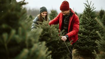 ai generativo parejas buscando y corte juntos el Derecha pino árbol para Navidad, temprano Mañana Brillo Solar foto