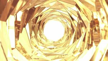 Golden metal tunnel with soft light reflections. Tunnel with mirror reflection. Abstract animated background video