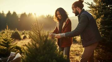 ai generative Couples searching and cutting together the right pine tree for christmas, early morning sunshine photo