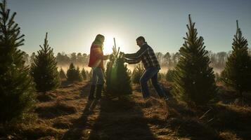 ai generativo parejas buscando y corte juntos el Derecha pino árbol para Navidad, temprano Mañana Brillo Solar foto