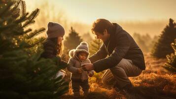 ai generative Couples searching and cutting together the right pine tree for christmas, early morning sunshine photo