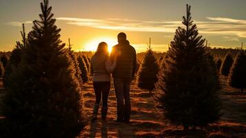 ai generativo parejas buscando y corte juntos el Derecha pino árbol para Navidad, temprano Mañana Brillo Solar foto