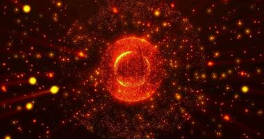 Abstract glowing orange particle sphere, atom, energy ball shining brightly with rays of light, magic sparkling dust, abstract atomic science background, seamless loop. video