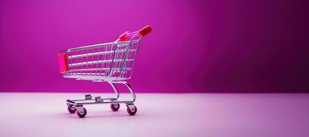Generative AI, Viva magenta color shopping cart on magenta pink background, minimalistic shop online, free delivery, discounts and sale concept. photo