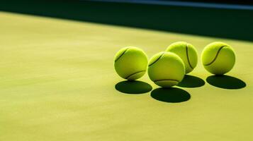 Generative AI, Close up tennis balls on the court, sport, recreation concept photo