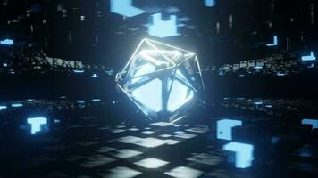 3D animation of the world of future technology and energy. Blurry circle of blue light It is covered with a steel frame that moves around. There were many black metal squares surrounding. video