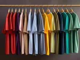 Generative AI, Colorful t-shirts on hangers, apparel background, print on demand concept, cloth store photo