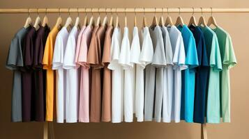 Generative AI, Colorful t-shirts on hangers, apparel background, print on demand concept, cloth store photo