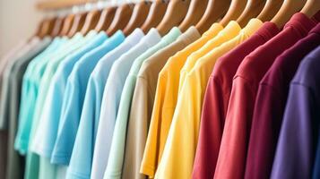 Generative AI, Colorful t-shirts on hangers, apparel background, print on demand concept, cloth store photo