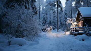 ai generativo pino bosque en invierno encogido con un grueso blanco nieve cobija foto