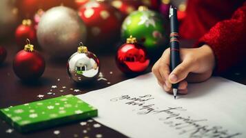 ai generativo cerca arriba de niños de diferente etnia y género escritura letra a Papa Noel foto