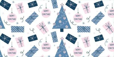 Christmas seamless pattern, holiday covers. Modern Xmas design with gifts, balls and Christmas tree pattern in blue and pink colors in naive style. Stylish festive ornate seamless pattern vector