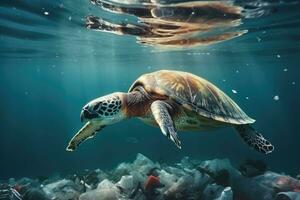 Hawaiian Green Sea Turtle Chelonia mydas swimming in the ocean, Sea turtle with plastic garbage in the ocean. Pollution of nature concept, AI Generated photo