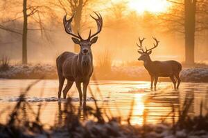 Red deer cervus elaphus at sunrise in winter, Majestic Red Deer Cervus elaphus stag in the morning mist, UK, AI Generated photo