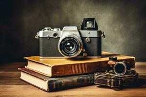 Vintage camera and old books on a wooden table over dark background, render of a sexy woman in black lingerie over grey background, AI Generated photo