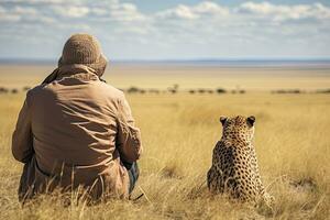 Cheetah sits on the back of a man in the savannah, rear view of Photographer taking picture of cheetah in Masai Mara, Kenya, AI Generated photo