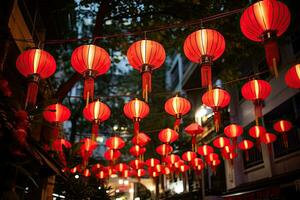 Chinese lanterns at night in Hoi An, Vietnam. Hoi An is a popular tourist destination in Vietnam, Red lanterns for Chinese New Year in the city of Bangkok, AI Generated photo