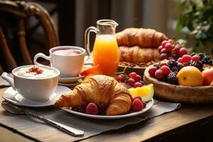 Breakfast served with coffee, croissants and fruits on wooden table, Rice with vegetables and shrimps on Black background, top view, AI Generated photo