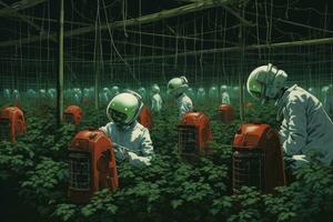 3D rendering of a group of scientists working in a greenhouse, Robots farming fuman, AI Generated photo