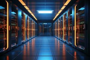 Server room data center. Datacenter hardware cluster. 3d render, server room data center with rows of server hardware. 3d rendering, AI Generated photo
