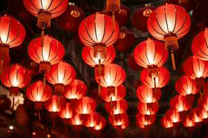 Chinese lanterns in Hoi An ancient city, Vietnam. Chinese lanterns are a symbol of Vietnamese culture, Red lanterns in chinese lunar new year festival, Thailand, AI Generated photo