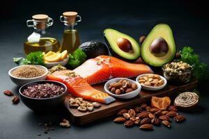 Healthy food clean eating selection salmon, avocado, nuts, seeds, omega 3, flaxseed oil on black background, Selection of healthy food sources of omega 3, natural sources of omega 3, AI Generated photo